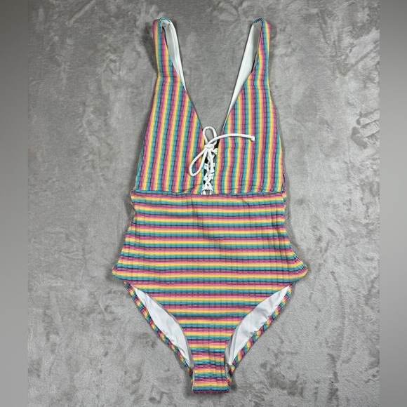NWOT Onia Rainbow Pinstripe Lace Up One Piece Bikini Swimsuit Size XS - Picture 3 of 15